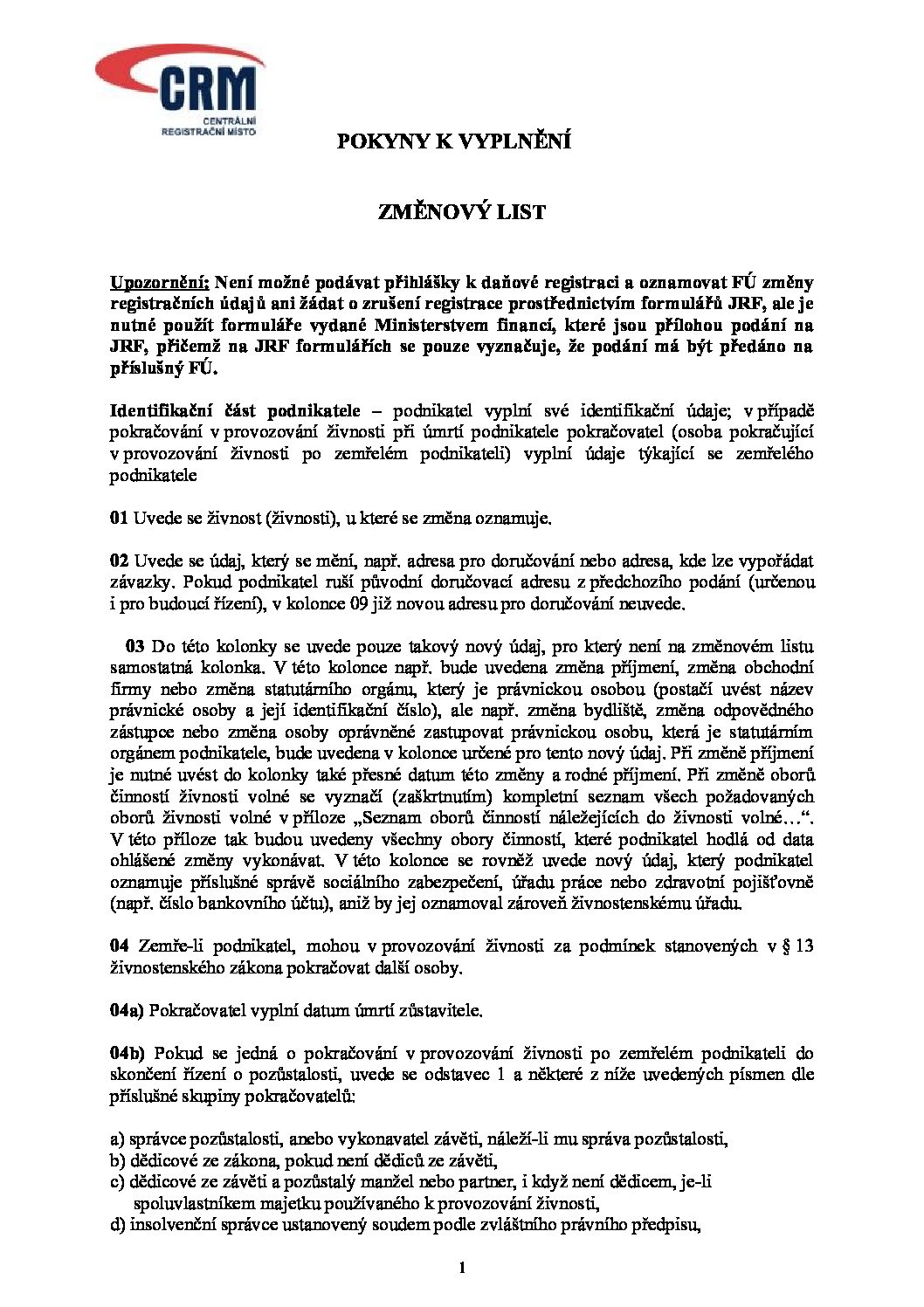 Pokyny změnový list CRM