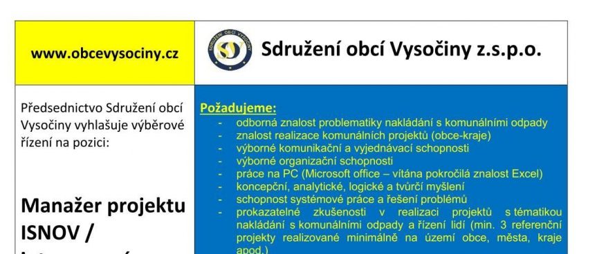výběrové řízení – manažer projektu ISNOV (integrovaný systém nakládání s odpady v Kraji Vysočina)